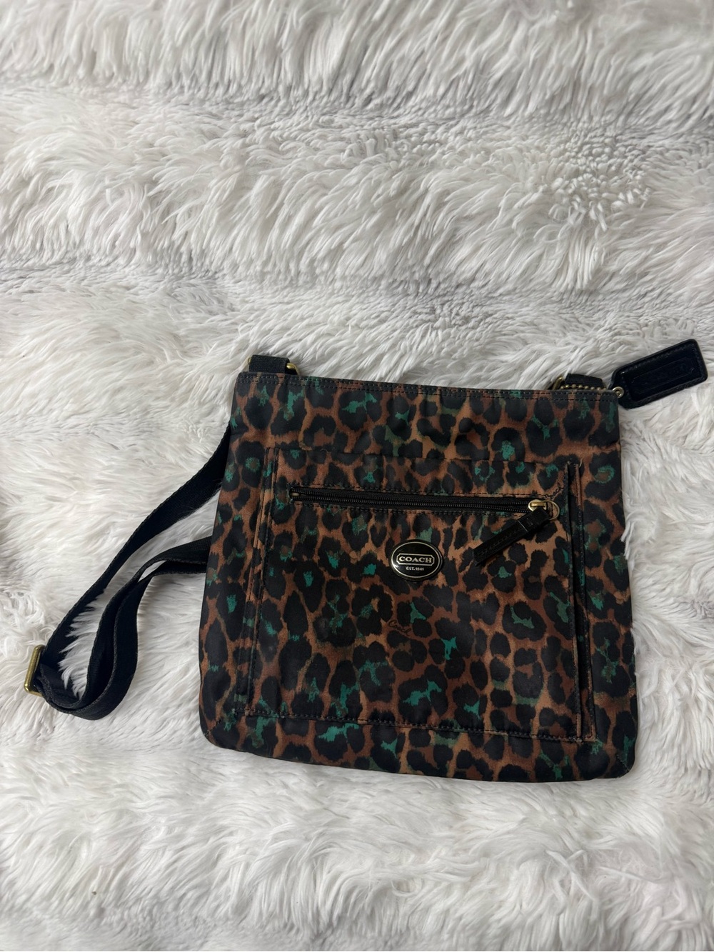 Coach Ocelot Print Crossbody Bag in Brown and Teal